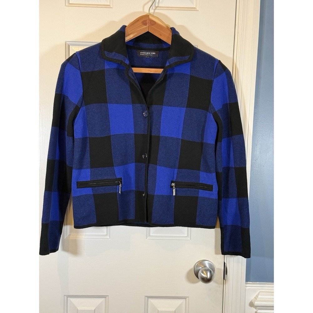 jones NY‎ signature PL Sweater Royal Blue Buffalo Buttons Preppy Office Pockets